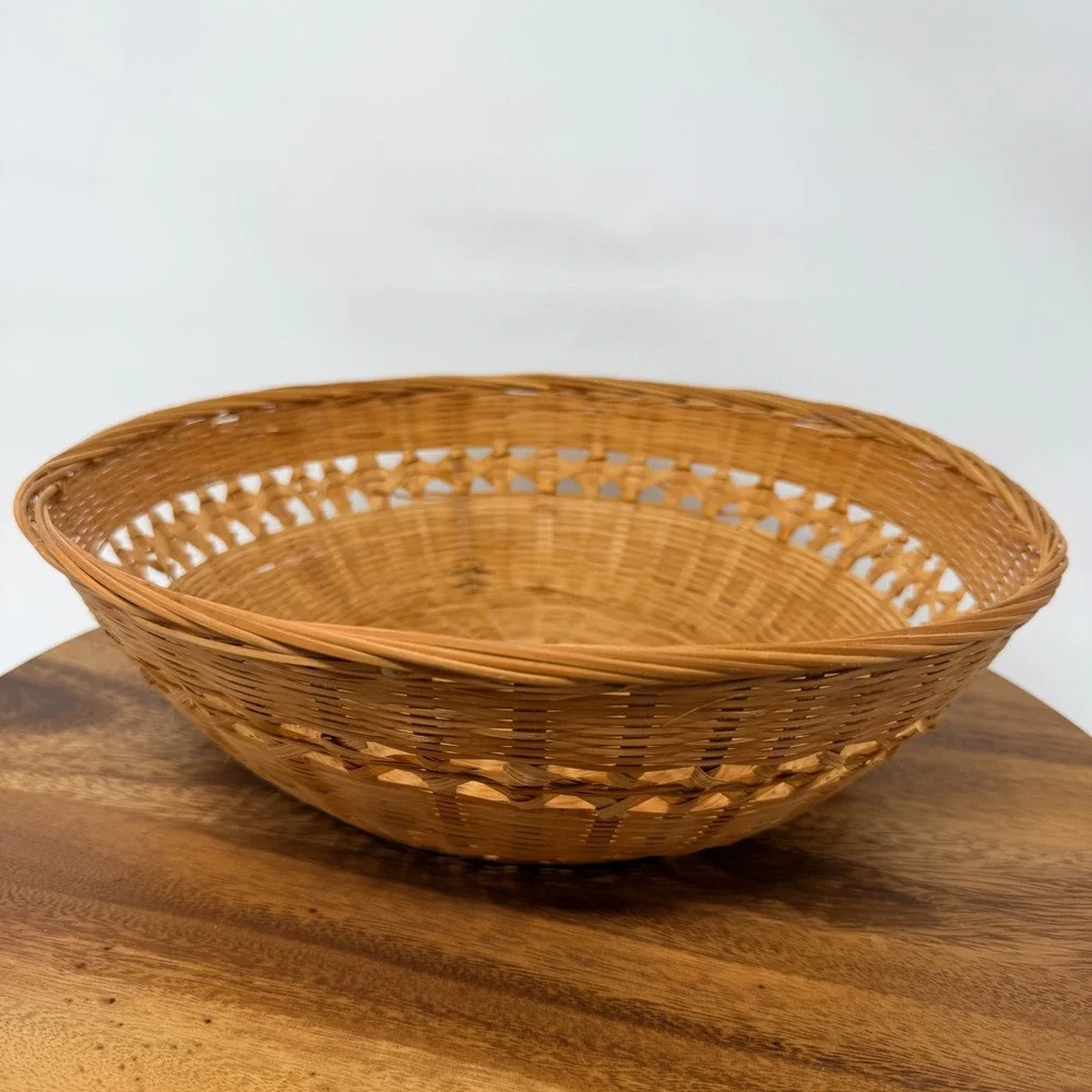 Vintage Woven Bamboo Round Basket Bowl Boho Decor 12 Inch
